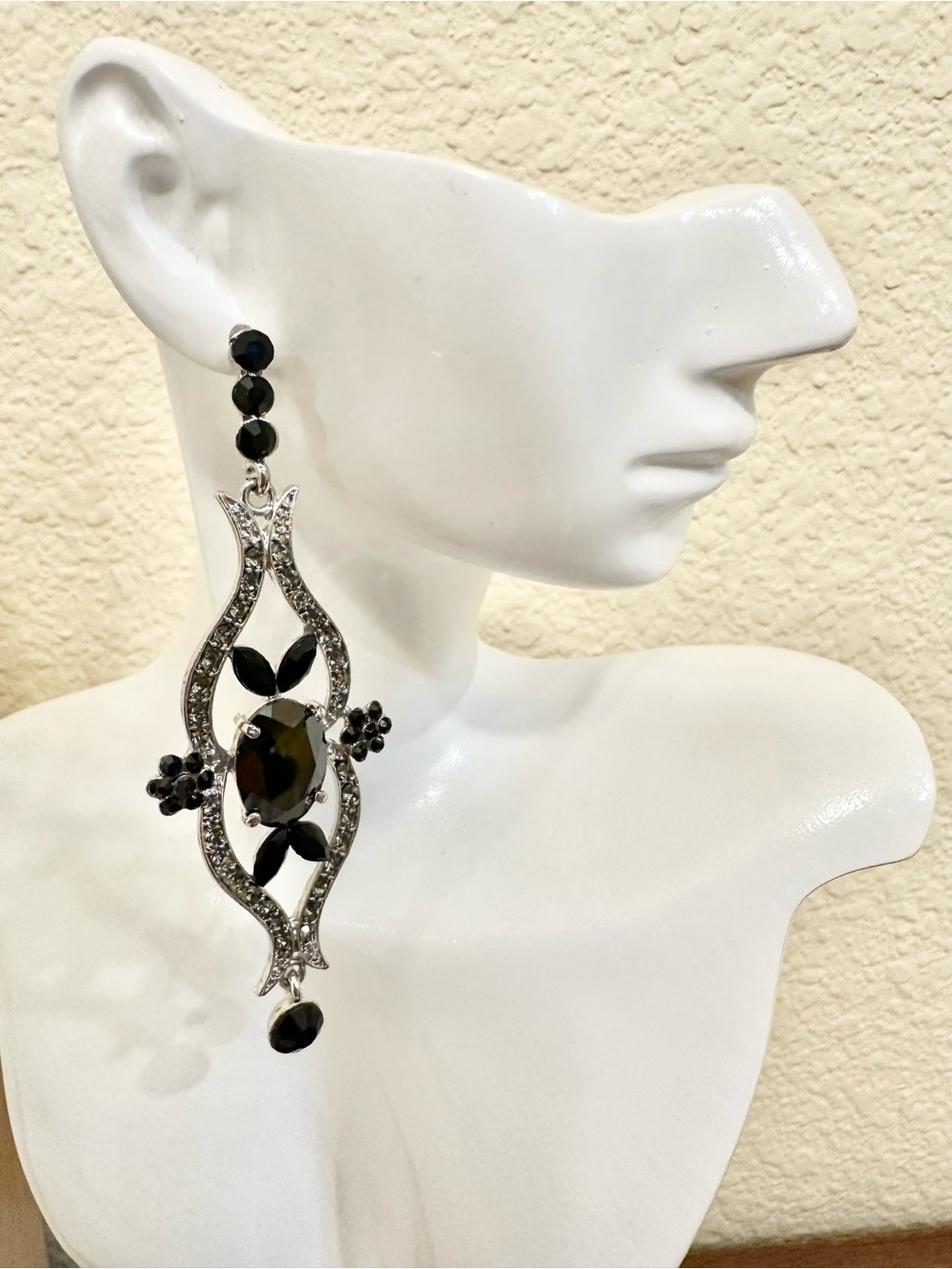 Victorian Inspired Silver-Tone Black Gem Drop Earrings